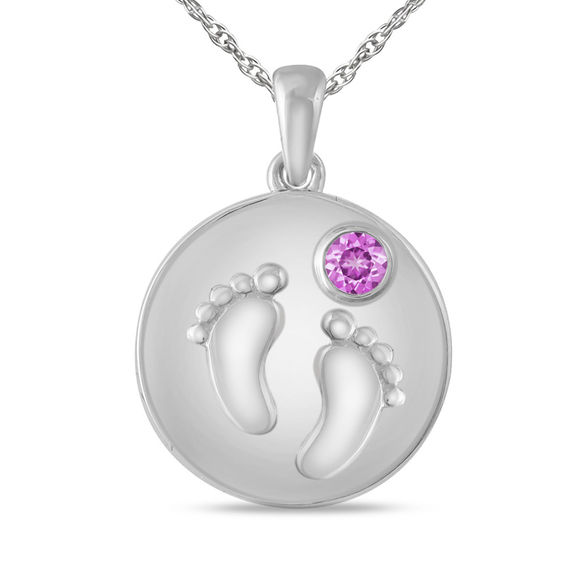 Mother's Birthstone Baby Footprint Disc Pendant (1 Stone and 2 Lines)