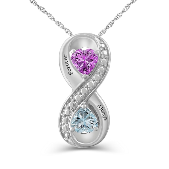 Couple's 5.0mm Heart-Shaped Birthstone and Beaded Infinity Pendant (2 Stones and Names)