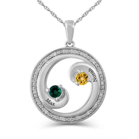 Couple's 3.0mm Birthstone and 1/20 CT. T.w. Diamond Wave Circle Pendant (2 Stones and Names)