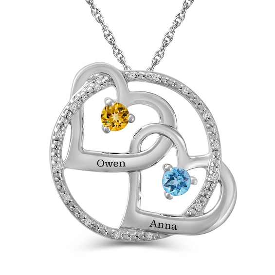 Couple's 3.0mm Birthstone and Diamond Accent Circle with Interlocking Hearts Pendant (2 Stones and Names)