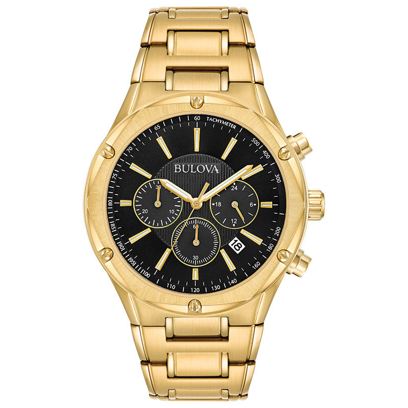 Men's Bulova Gold-Tone Chronograph Watch with Black Dial (Model: 97B161)