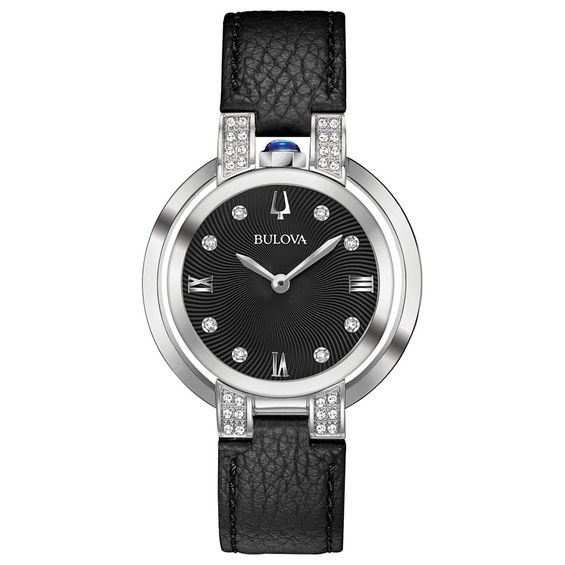 Ladiesâ Bulova Rubaiyat Diamond Accent Strap Watch with Black Dial (Model: 96R217)