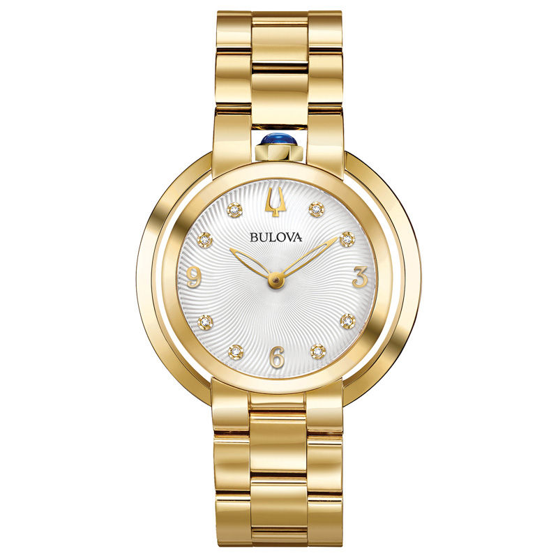 Ladies’ Bulova Rubaiyat Diamond Accent Gold-Tone Watch with Silver-White Dial (Model: 97P125)