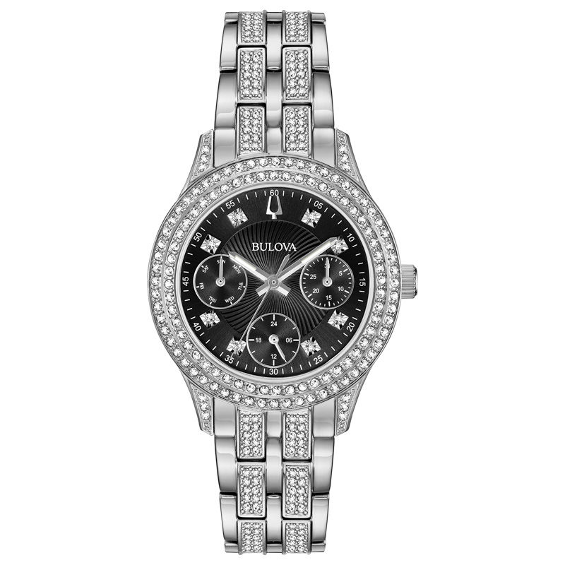 Ladies' Bulova Crystal Accent Watch with Black Dial (Model: 96N110)