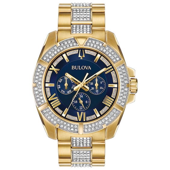 Men's Bulova Octava Crystal Accent Gold-Tone Watch with Blue Dial (Model: 98C128)