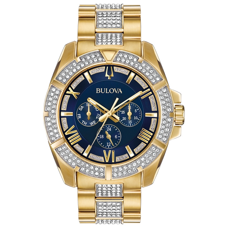 Main Image 1 of Men's Bulova Octava Crystal Accent Gold-Tone Watch with Blue Dial (Model: 98C128)