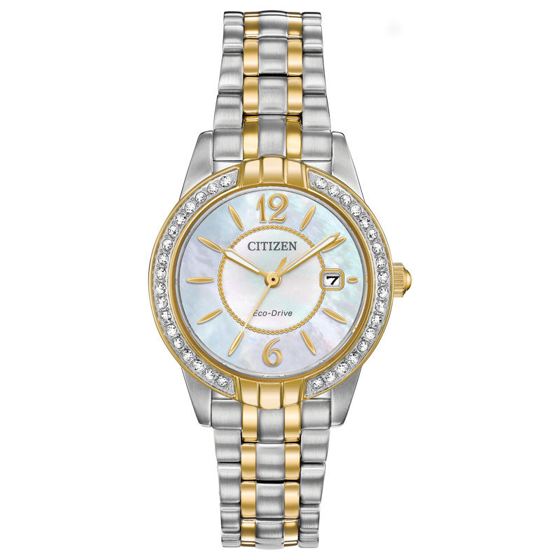 Ladies' Exclusive Citizen Eco-Drive® Silhouette Crystal Two-Tone Watch with Mother-of-Pearl Dial (Model: EW1684-54D)