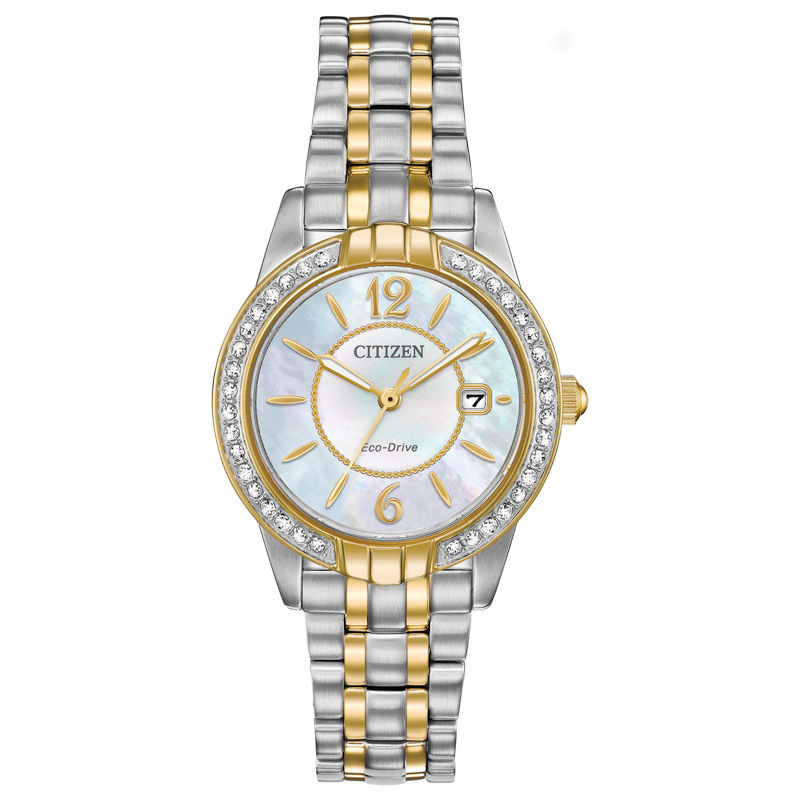 Main Image 1 of Ladies' Exclusive Citizen Eco-Drive® Silhouette Crystal Two-Tone Watch with Mother-of-Pearl Dial (Model: EW1684-54D)