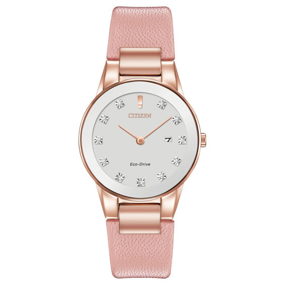 Ladies' Exclusive Citizen Eco-DriveÂ® Axiom Diamond Rose-Tone Strap Watch with Silver-Tone Dial (Model: Ga1058-08A)