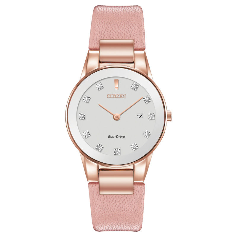 Main Image 1 of Ladies' Exclusive Citizen Eco-Drive® Axiom Diamond Rose-Tone Strap Watch with Silver-Tone Dial (Model: GA1058-08A)