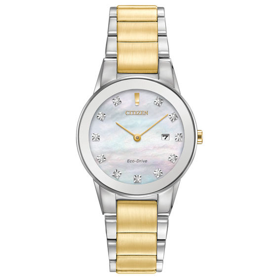 Ladies' Exclusive Citizen Eco-Drive® Axiom Diamond Accent Two-Tone Watch with Mother-of-Pearl Dial (Model: Ga1059-56D)