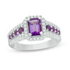 Thumbnail Image 1 of Emerald-Cut Amethyst and Lab-Created White Sapphire Frame Ring in Sterling Silver