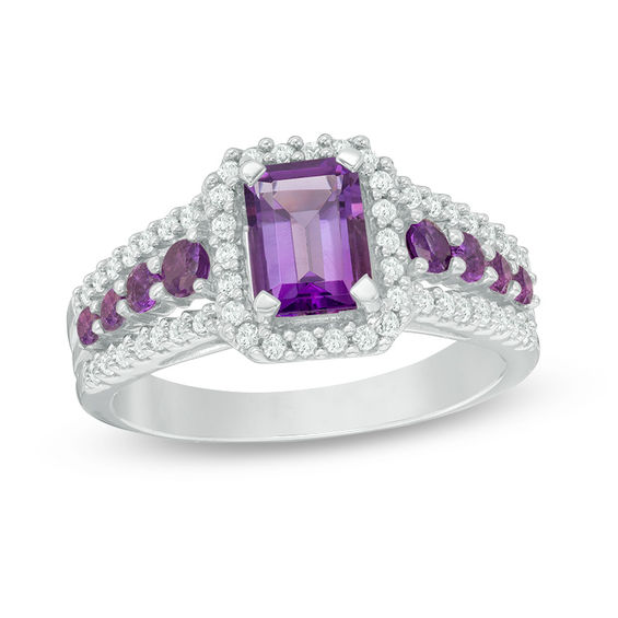 Emerald-Cut Amethyst and Lab-Created White Sapphire Frame Ring in Sterling Silver