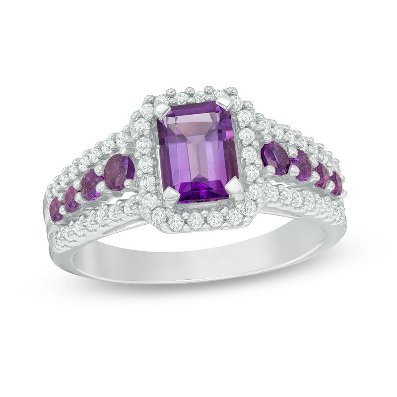 Main Image 1 of Emerald-Cut Amethyst and Lab-Created White Sapphire Frame Ring in Sterling Silver