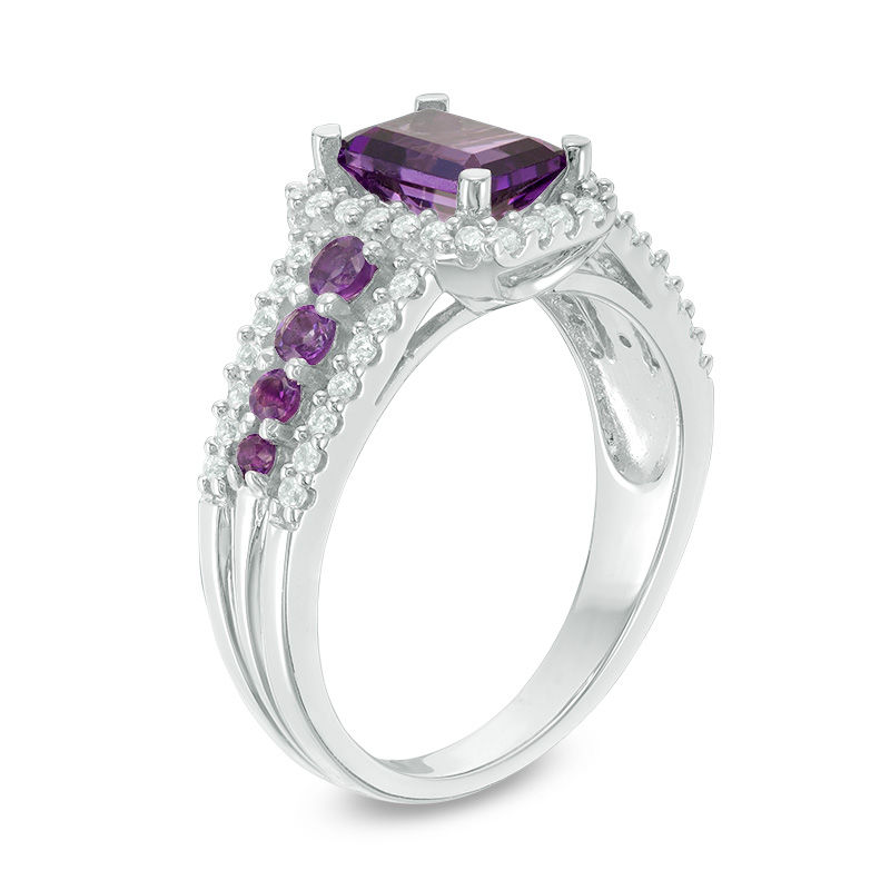 Main Image 2 of Emerald-Cut Amethyst and Lab-Created White Sapphire Frame Ring in Sterling Silver