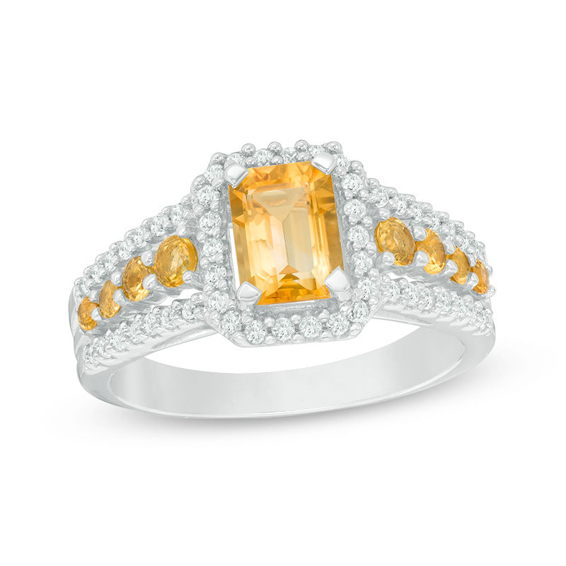 Main Image 1 of Emerald-Cut Citrine and Lab-Created White Sapphire Frame Ring in Sterling Silver