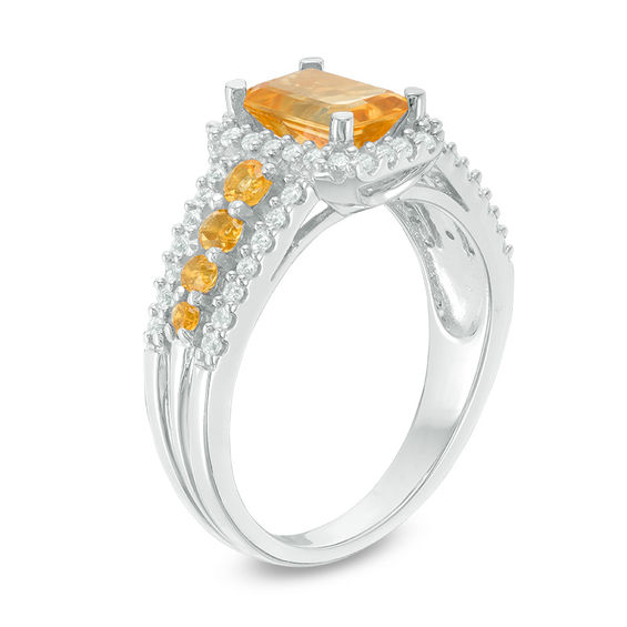 Emerald-Cut Citrine and Lab-Created White Sapphire Frame Ring in Sterling Silver