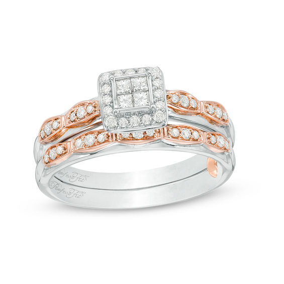 1/3 CT. T.w. Quad Princess-Cut Diamond Frame Interlocking Bridal Set in 10K Two-Tone Gold