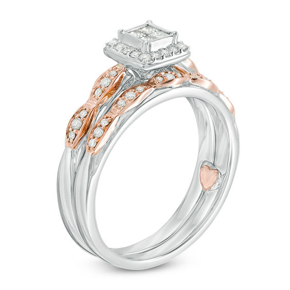 1/3 CT. T.w. Quad Princess-Cut Diamond Frame Interlocking Bridal Set in 10K Two-Tone Gold