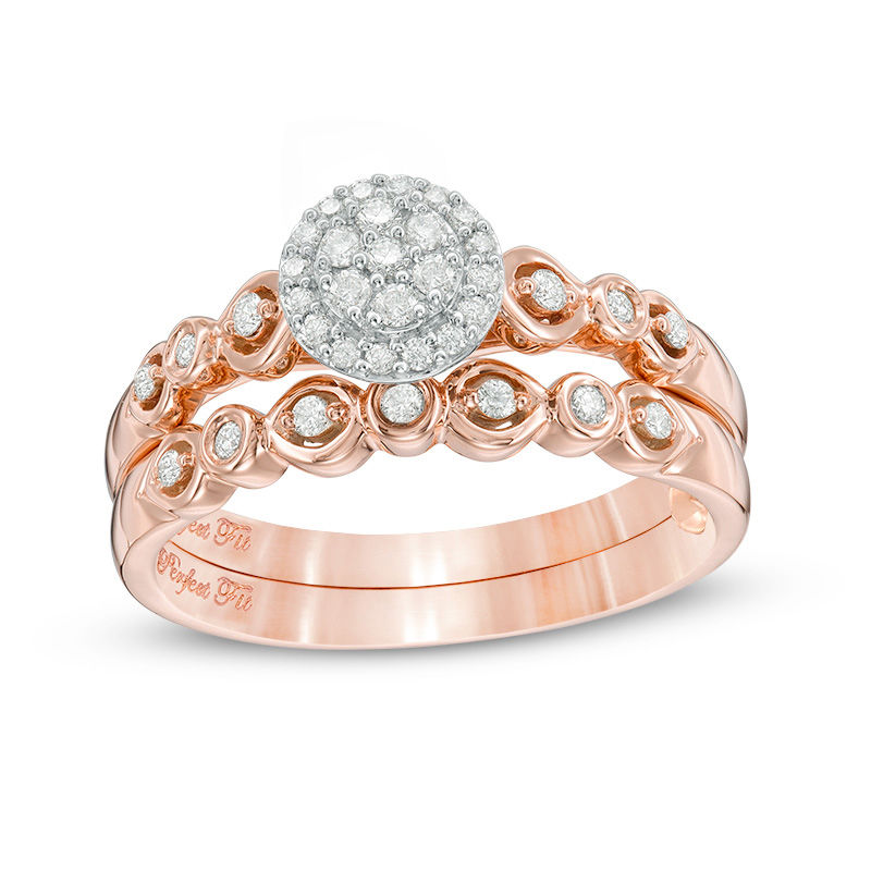 Main Image 1 of 1/4 CT. T.W. Composite Diamond Frame Interlocking Bridal Set in 10K Rose Gold
