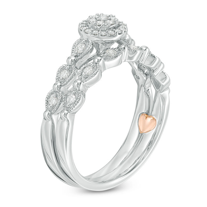 Main Image 2 of 1/4 CT. T.W. Composite Diamond Frame Vintage-Style Interlocking Bridal Set in 10K White Gold