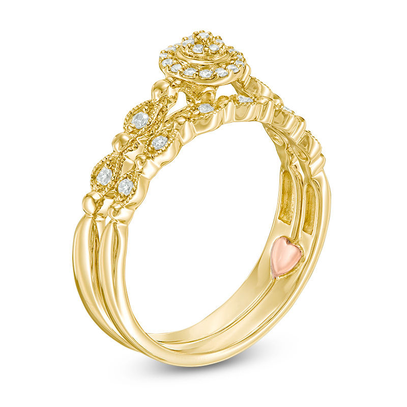 Main Image 2 of 1/6 CT. T.W. Composite Diamond Frame Vintage-Style Interlocking Bridal Set in 10K Gold