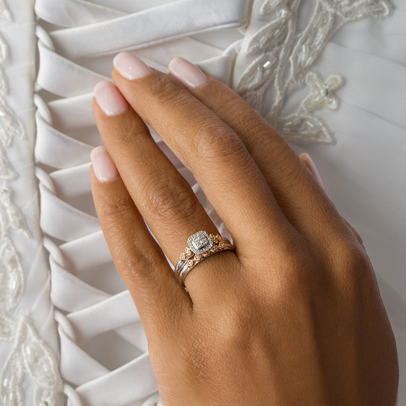 Main Image 3 of 1/5 CT. T.W. Composite Diamond Cushion Frame Interlocking Bridal Set in 10K Two-Tone Gold