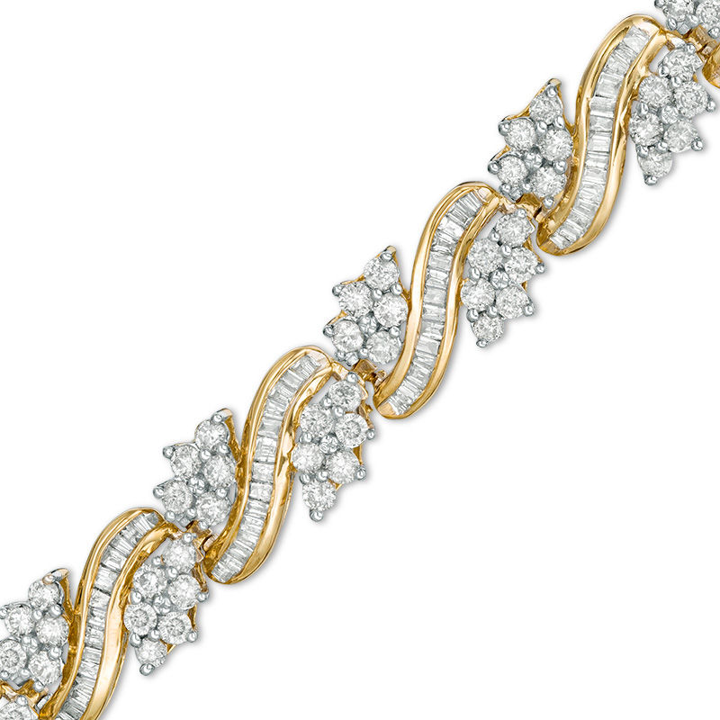 5 CT. T.W. Baguette and Round Diamond Wave Bracelet in 10K Gold - 7.25"