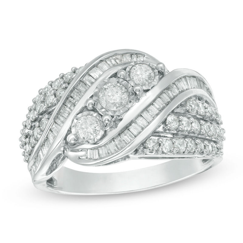 1 CT. T.W. Baguette and Round Diamond Three Stone Multi-Row Bypass Ring in Sterling Silver