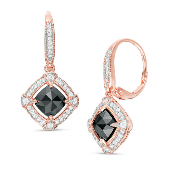 2-3/8 CT. T.W. Cushion-Cut Enhanced Black and White Diamond Frame Vintage-Style Drop Earrings in 10K Rose Gold 2-3/8 CT. T.W. Cushion-Cut Enhanced Black and White Diamond Frame Vintage-Style Drop Earrings in 10K Rose Gold