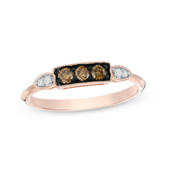 1/4 CT. T.W. Champagne and White Diamond Three Stone Vintage-Style Ring in 10K Rose Gold 1/4 CT. T.W. Champagne and White Diamond Three Stone Vintage-Style Ring in 10K Rose Gold