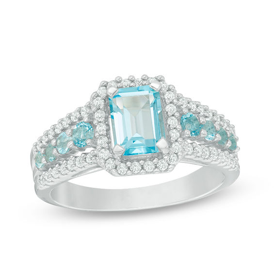 Emerald-Cut Blue Topaz and Lab-Created White Sapphire Frame Ring in Sterling Silver