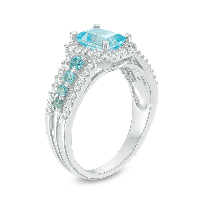 Main Image 2 of Emerald-Cut Blue Topaz and Lab-Created White Sapphire Frame Ring in Sterling Silver
