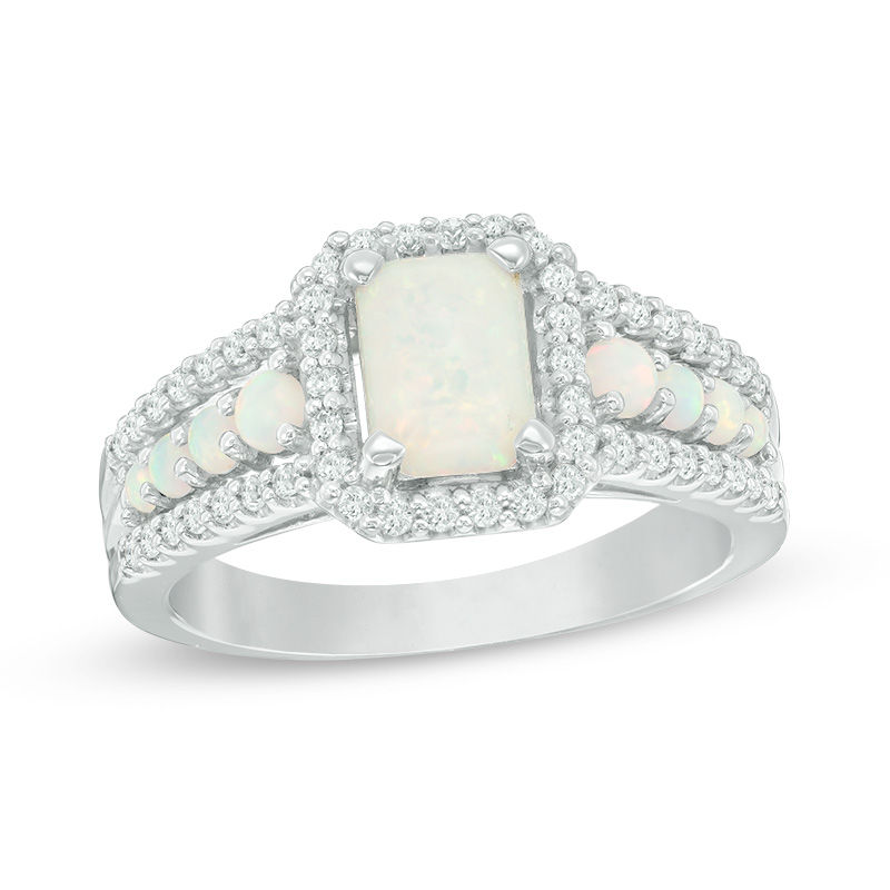 Main Image 1 of Emerald-Cut Lab-Created Opal and White Sapphire Frame Ring in Sterling Silver