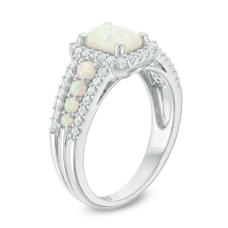Main Image 2 of Emerald-Cut Lab-Created Opal and White Sapphire Frame Ring in Sterling Silver