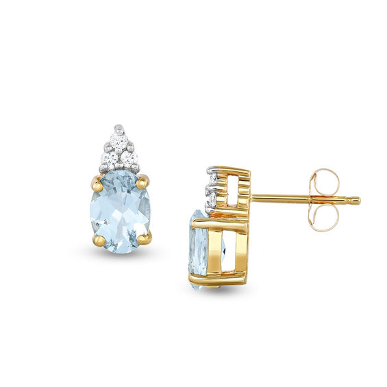 Oval Aquamarine and LabCreated White Sapphire Stud Earrings in 14K
