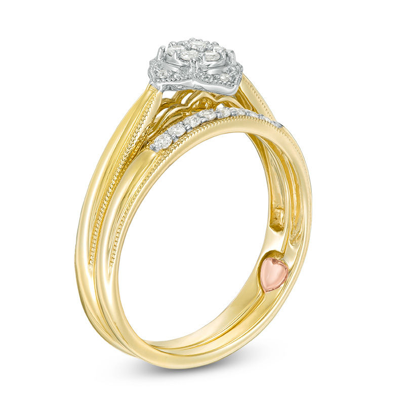 Main Image 2 of 1/6 CT. T.W. Composite Diamond Flower Vintage-Style Interlocking Bridal Set in 10K Gold