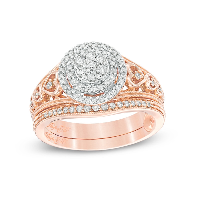 Main Image 1 of 3/8 CT. T.W. Multi-Diamond Double Frame Heart-Shank Interlocking Bridal Set in 10K Rose Gold