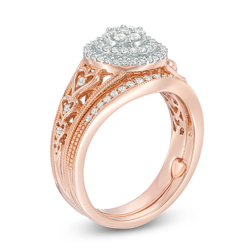 Main Image 2 of 3/8 CT. T.W. Multi-Diamond Double Frame Heart-Shank Interlocking Bridal Set in 10K Rose Gold