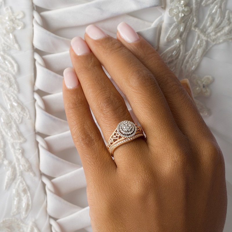 Main Image 3 of 3/8 CT. T.W. Multi-Diamond Double Frame Heart-Shank Interlocking Bridal Set in 10K Rose Gold