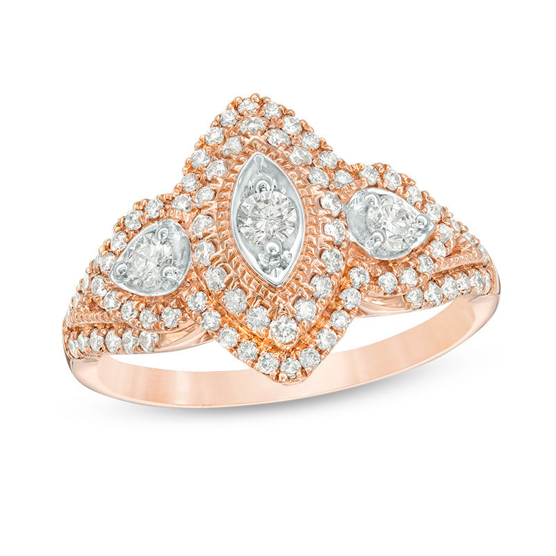 Main Image 1 of 3/4 CT. T.W. Diamond Past Present Future® Marquise Frame Vintage-Style Engagement Ring in 14K Rose Gold