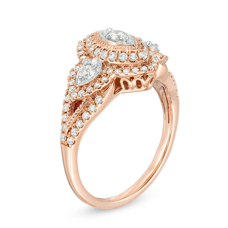 3/4 CT. T.W. Diamond Past Present Future® Marquise Frame Vintage-Style Engagement Ring in 14K Rose Gold