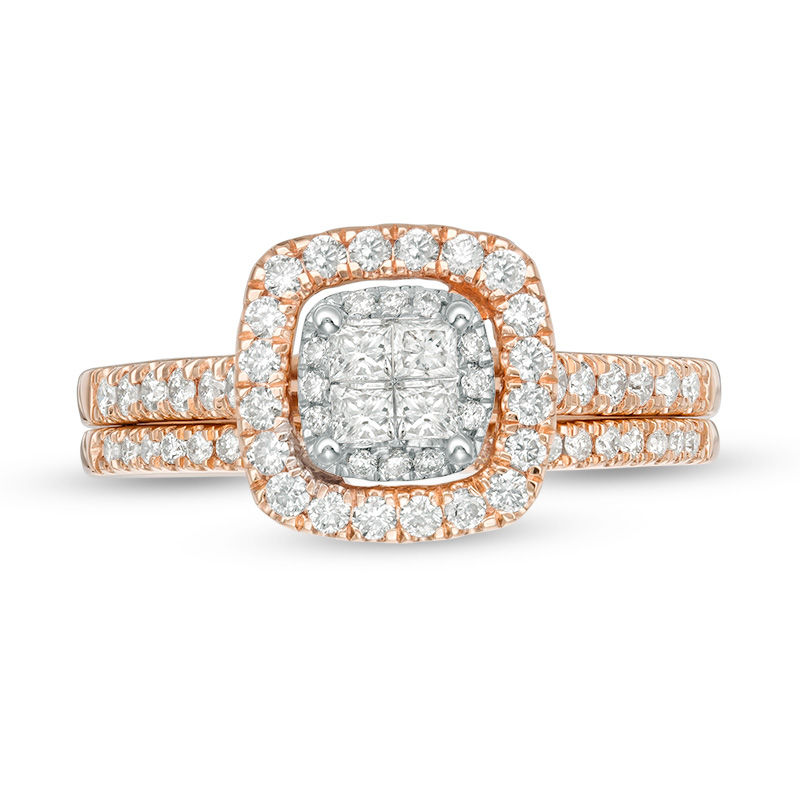 Main Image 5 of 5/8 CT. T.W. Quad Princess-Cut Diamond Double Frame Bridal Set in 14K Rose Gold