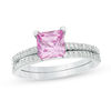 Thumbnail Image 1 of 6.0mm Princess-Cut Lab-Created Pink Sapphire and 1/5 CT. T.W. Diamond Bridal Set in Sterling Silver
