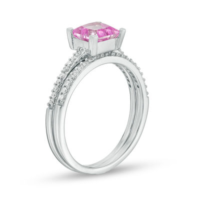6.0mm Princess-Cut Lab-Created Pink Sapphire and 1/5 CT. T.W. Diamond  Bridal Set in Sterling Silver