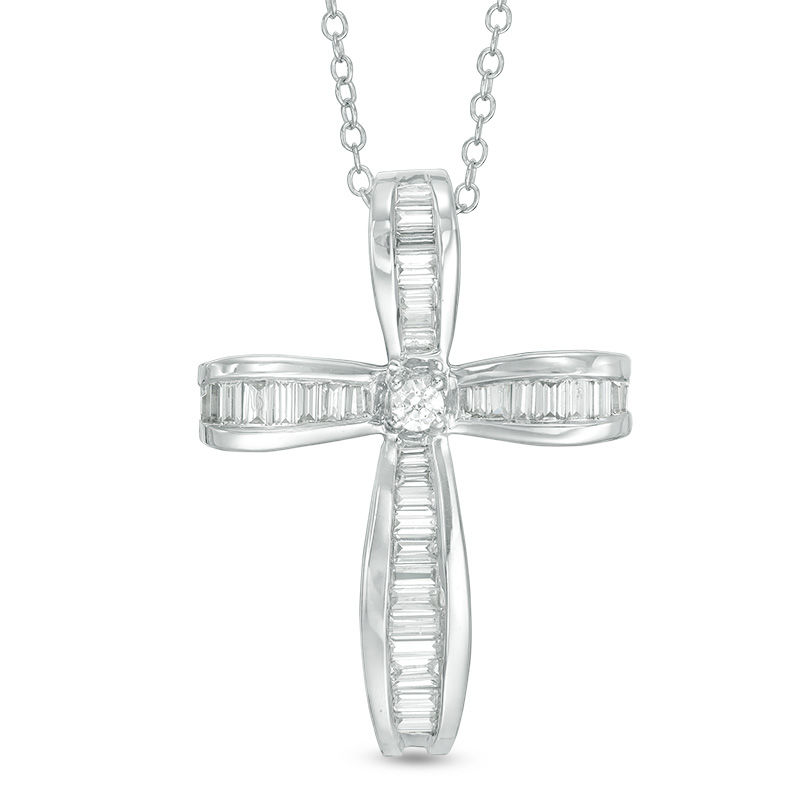 3/8 CT. T.W. Baguette and Round Diamond Cross Pendant in 14K White Gold