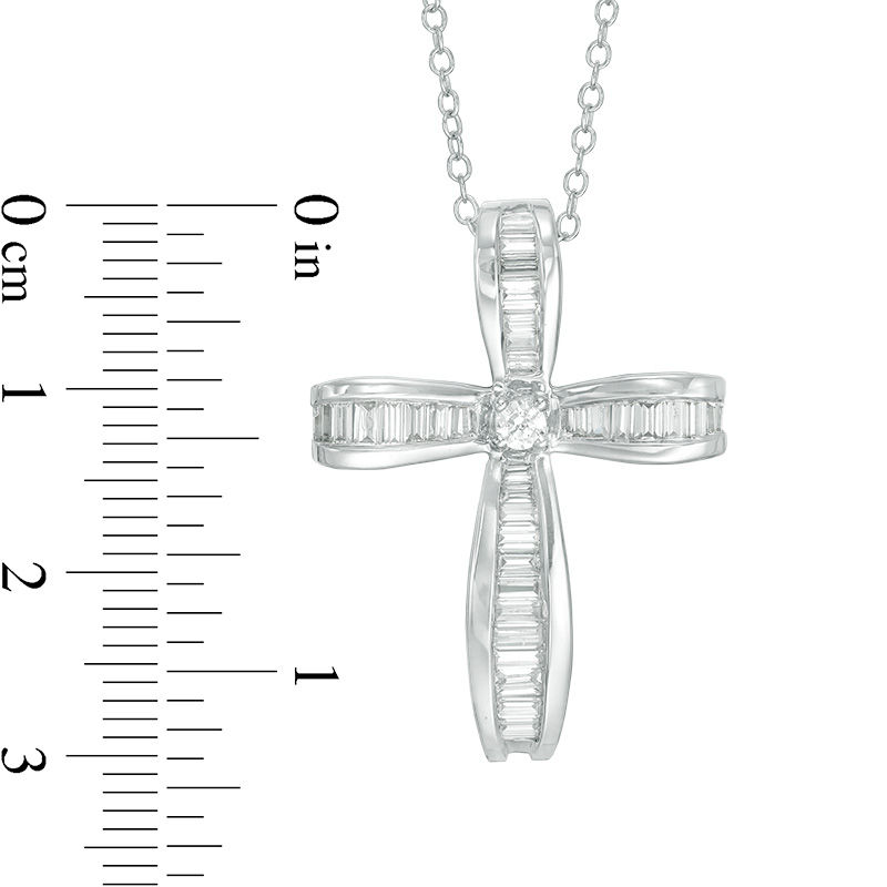 3/8 CT. T.W. Baguette and Round Diamond Cross Pendant in 14K White Gold