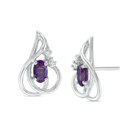 Oval Amethyst and Diamond Accent Abstract Stud Earrings in Sterling