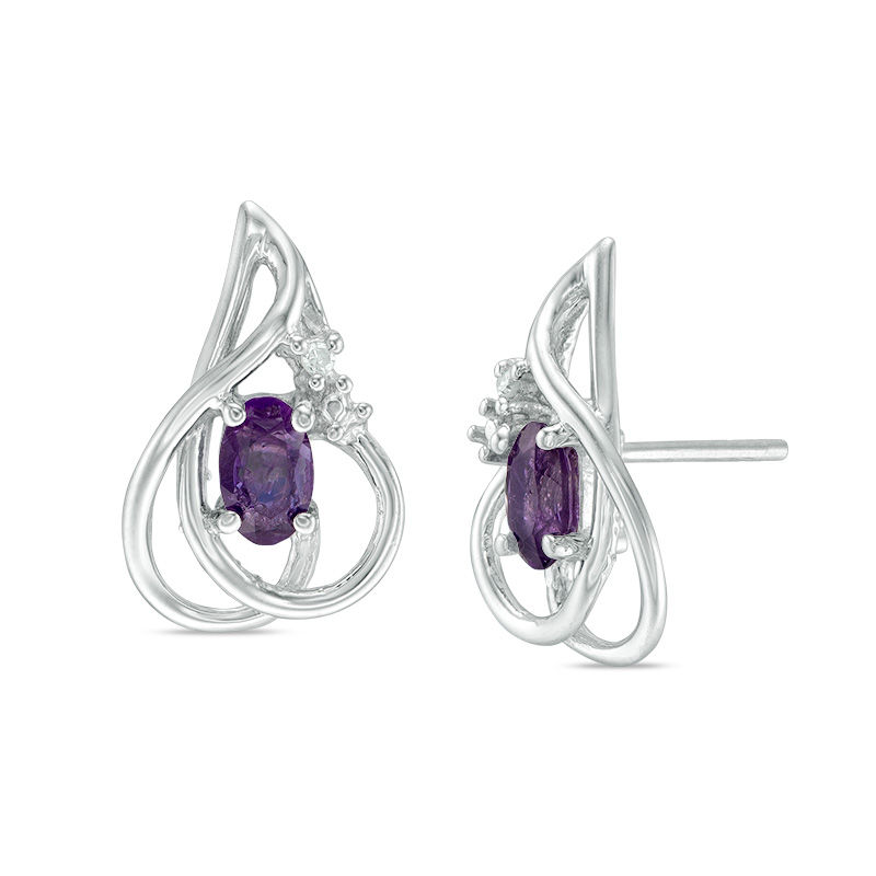 Oval Amethyst and Diamond Accent Abstract Stud Earrings in Sterling Silver