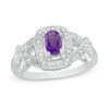 Thumbnail Image 1 of Oval Amethyst and 1/20 CT. T.W. Diamond Cushion Frame Twist Ring in Sterling Silver